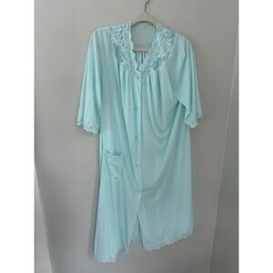 Vintage Shadowline Nightgown/ Robe Med Embroidered Lace Aqua Green Blue